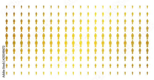 Man user icon gold colored halftone pattern. Vector man user shapes are organized into halftone matrix with inclined golden gradient. Designed for backgrounds, covers, templates and beautiful effects.