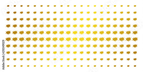 Boom bang icon golden halftone pattern. Vector boom bang pictograms are arranged into halftone grid with inclined gold gradient. Designed for backgrounds, covers, templates and bright effects.