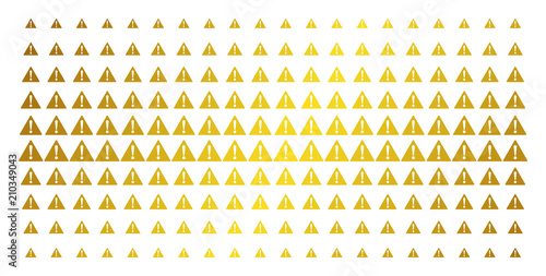 Warning icon golden halftone pattern. Vector warning symbols are organized into halftone grid with inclined golden gradient. Designed for backgrounds, covers, templates and luxury concepts.