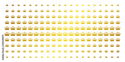 Crown icon golden halftone pattern. Vector crown shapes are organized into halftone matrix with inclined gold color gradient. Designed for backgrounds, covers, templates and beautiful effects.