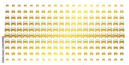 Car icon gold colored halftone pattern. Vector car shapes are organized into halftone grid with inclined gold gradient. Constructed for backgrounds, covers, templates and beautiful concepts.