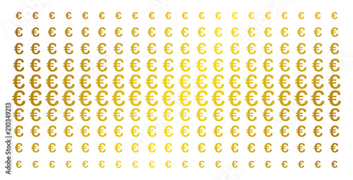 Euro symbol icon gold halftone pattern. Vector Euro symbol pictograms are arranged into halftone matrix with inclined gold gradient. Constructed for backgrounds, covers,