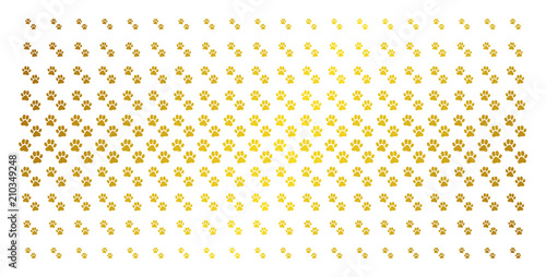 Paw footprints icon golden halftone pattern. Vector paw footprints shapes are arranged into halftone array with inclined golden gradient. Designed for backgrounds, covers,