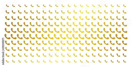 Call icon gold halftone pattern. Vector call items are organized into halftone matrix with inclined gold gradient. Designed for backgrounds, covers, templates and bright effects.