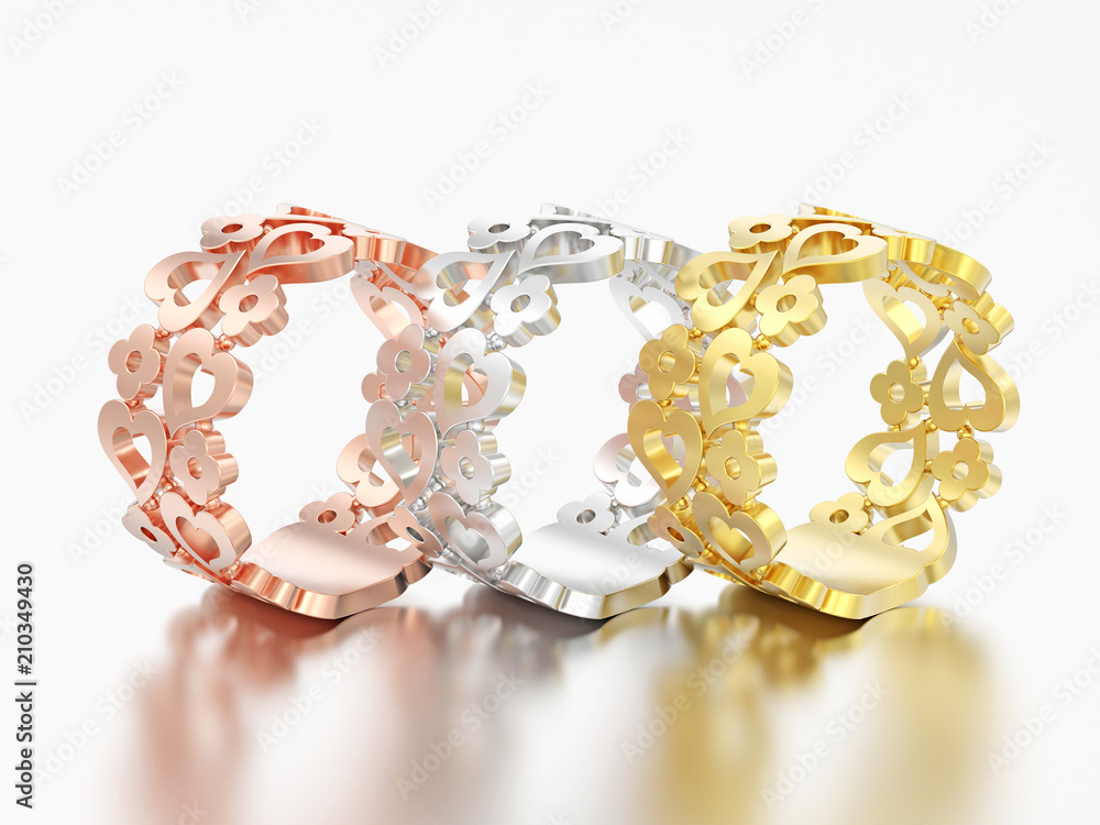 3D illustration three yellow rose white gold or silver decorative curve out flowers and hearts rings 3D illustration three yellow rose white gold or silver decorative curve out flowers and hearts rings