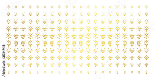 Light bulb icon golden halftone pattern. Vector light bulb shapes are arranged into halftone matrix with inclined gold gradient. Designed for backgrounds, covers, templates and luxury concepts.