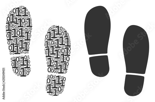 Boot footprints composition icon of binary digits in different sizes. Vector digital symbols are composed into boot footprints mosaic design concept.