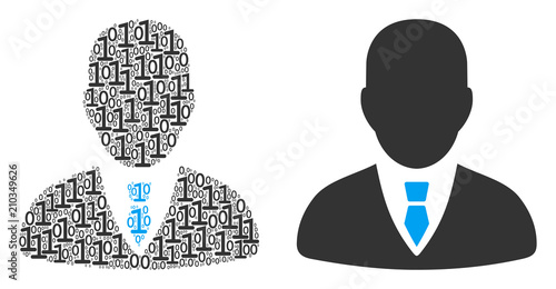 Businessman mosaic icon of binary digits in various sizes. Vector digits are arranged into businessman composition design concept.