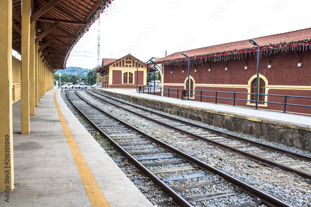 Guararema, SP, Brazil, December 20, 2017. Guararema Railway Station, inaugurated in 1927, typical of the railroads of southeastern Brazil, in Guararema city. Guararema, SP, Brazil, December 20, 2017. Guararema Railway Station, inaugurated in 1927, typical of the railroads of southeastern Brazil, in Guararema city.