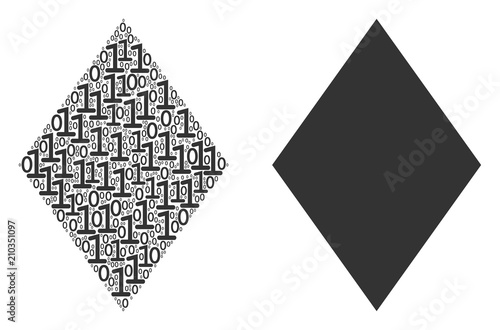 Filled rhombus mosaic icon of zero and one symbols in variable sizes. Vector digits are grouped into filled rhombus mosaic design concept.