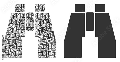 Find binoculars collage icon of one and zero digits in variable sizes. Vector digits are organized into find binoculars illustration design concept.