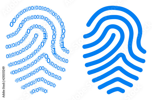 Fingerprint mosaic icon of zero and one symbols in various sizes. Vector digits are randomized into fingerprint collage design concept.