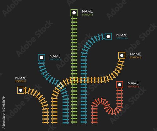 Canvas Print Railroad tracks, railway simple icon, rail track direction, train tracks colorful vector illustrations on black backgroud, colorful stairs, subway stations map top view, infographic elements