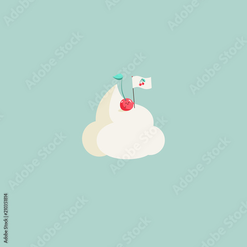 Kawaii Summer illustration of a cherry fruit placing a cherry flag on the top of a mountain made of sweet whipped cream. Background is candy light green. A real conquerer!