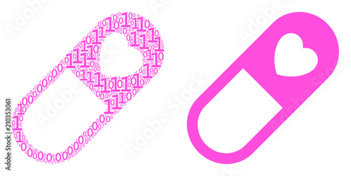 Love granule collage icon of zero and one symbols in variable sizes. Vector digital symbols are scattered into love granule collage design concept.