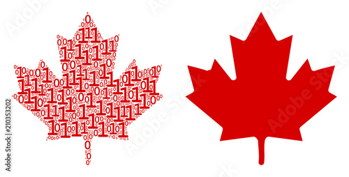 Maple leaf composition icon of zero and null digits in variable sizes. Vector digital symbols are united into maple leaf mosaic design concept.