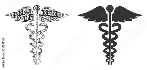 Medical caduceus emblem composition icon of binary digits in random sizes. Vector digital symbols are composed into medical caduceus emblem illustration design concept.