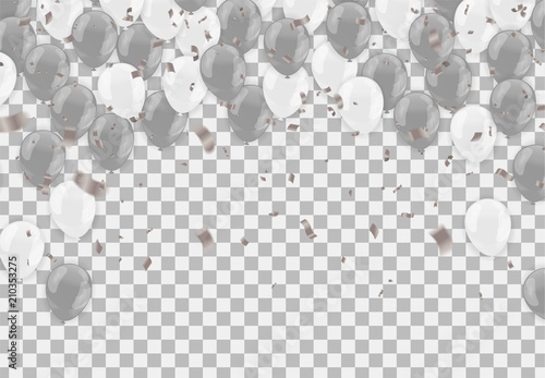 Gray and white balloons with copyspace isolated on transparent background. Flying latex ballons. Vector illustration.