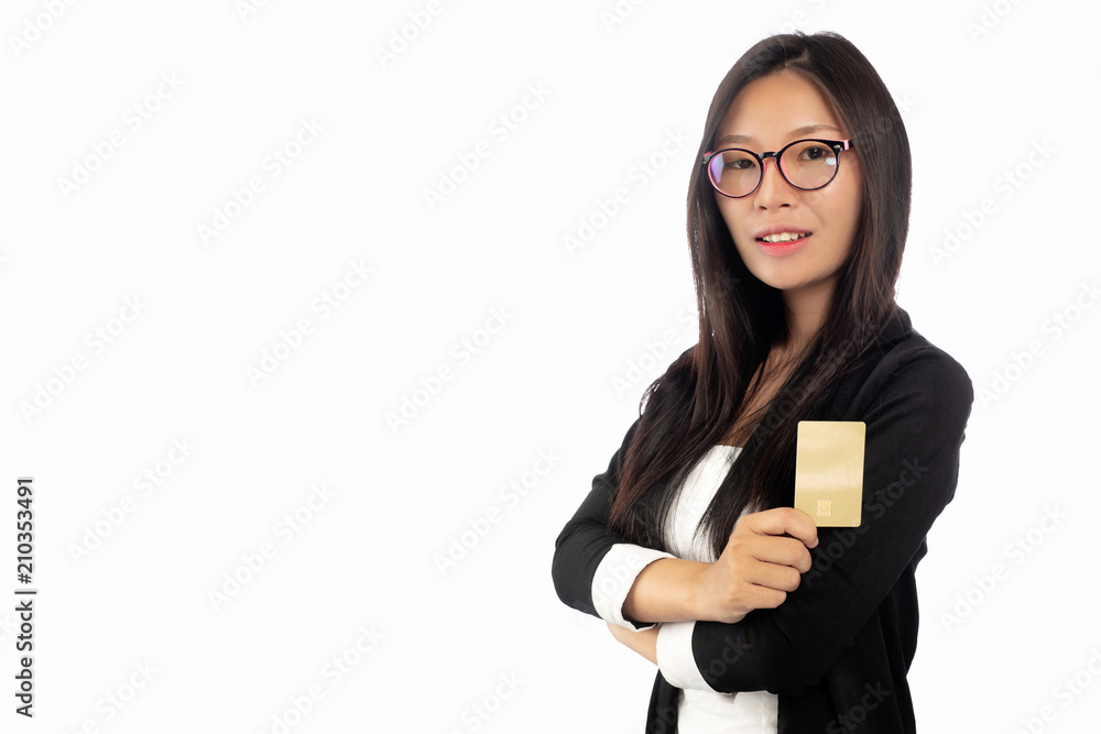 Businesswoman in suit holding showing business smart card isolated on white background. Businesswoman in suit holding showing business smart card isolated on white background.