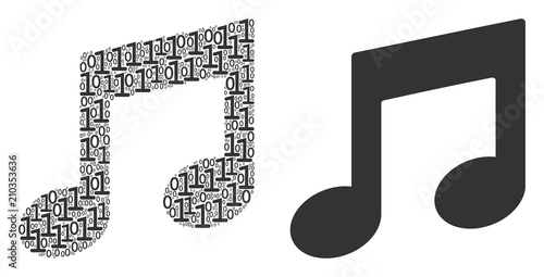 Music notes collage icon of binary digits in different sizes. Vector digit symbols are randomized into music notes composition design concept.
