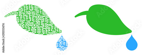 Natural leaf with drop mosaic icon of zero and null digits in random sizes. Vector digits are organized into natural leaf with drop illustration design concept.