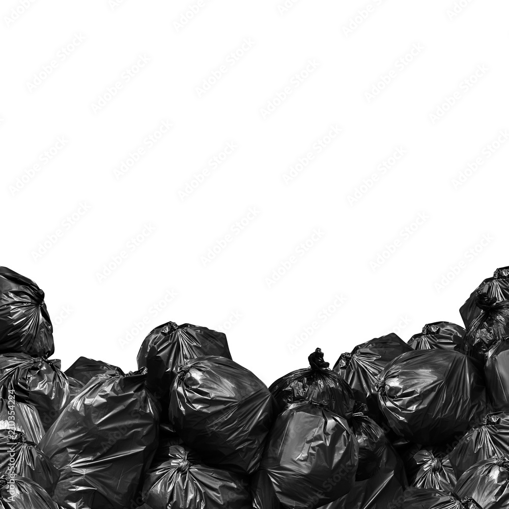 pile of garbage bag black isolated white background and copy space for  banner, trash, bin, Garbage bag, pollution from rubbish bag plastic concept  Stock Photo