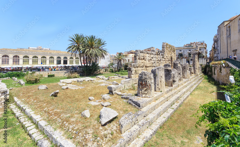 Syracuse in Sicily. View of ruins of Apollo temple  on Ortigia Island