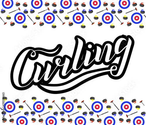 Curling sport lettering text with broom, stone and house on white background. Vector illustration. Curling modern brush calligraphy. Sport, activity vector design. Print for logo, T-shirt and caps.