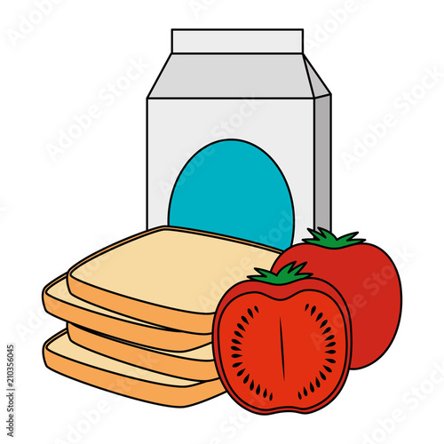 milk box with tomato and bread vector illustration design