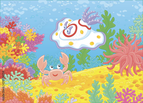 Funny sea monster mollusc and a small crab among colorful corals on a reef in a tropical sea, vector illustration in a cartoon style