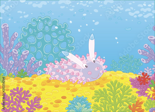 Funny sea monster mollusc among colorful corals on a reef in a tropical sea, vector illustration in a cartoon style