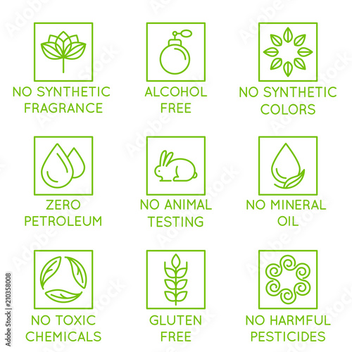 Vector set of design elements, logo design template, icons and badges for natural and organic cosmetics in trendy linear style - no synthetic fragrance and colors