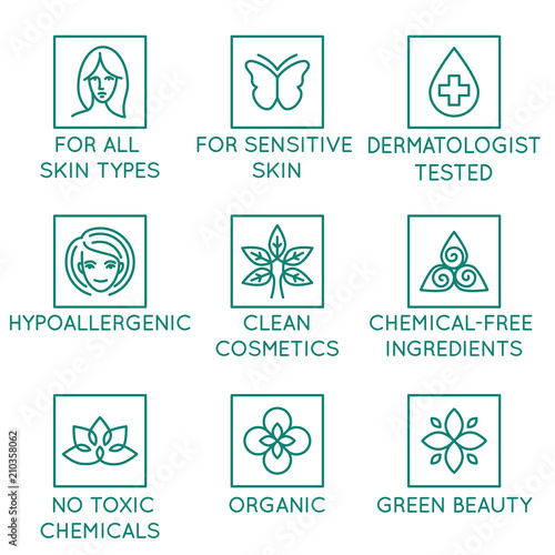 Vector set of design elements, logo design template, icons and badges for natural and organic cosmetics in trendy linear style