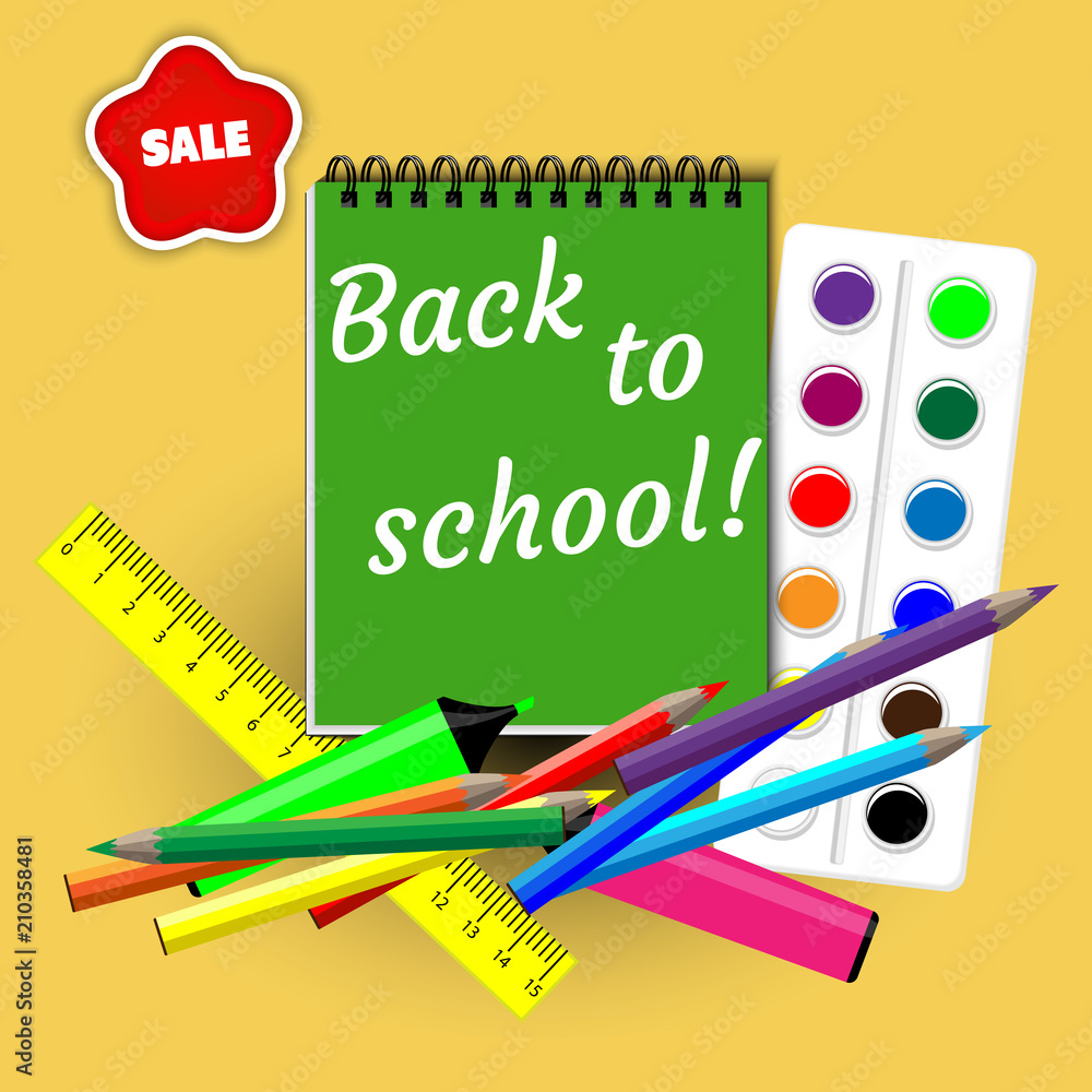 green notebook with a signature back to school with school supplies pencils, ruler, markers, paints on a yellow background, with a sticker sale green notebook with a signature back to school with school supplies pencils, ruler, markers, paints on a yellow background, with a sticker sale