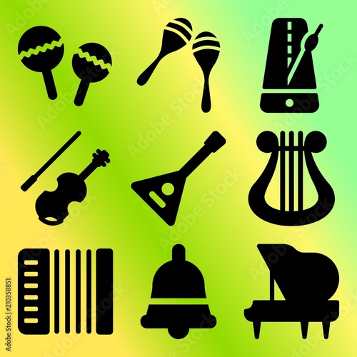 Vector icon set  about music instruments with 9 icons related to balalaika, bell, silhouette, graphic and melody