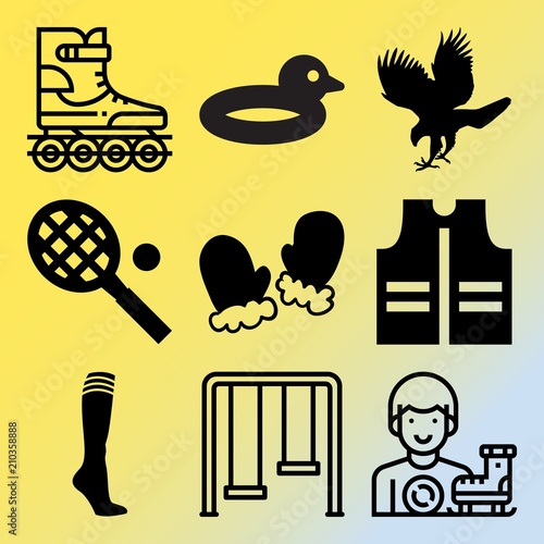 Vector icon set  about fitness and sport with 9 icons related to competitive, cartoon, life, hand and bright