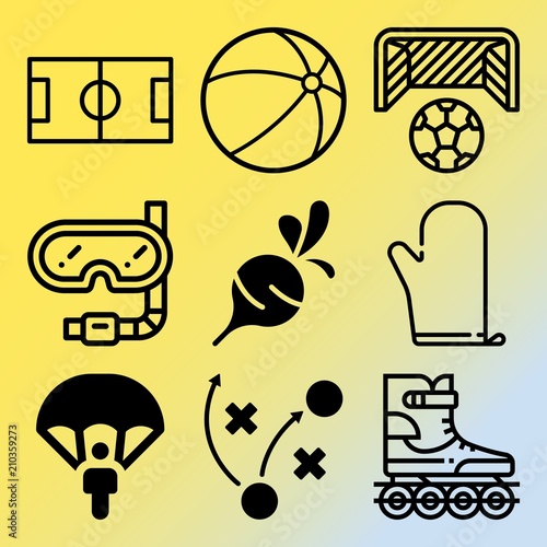 Vector icon set  about fitness and sport with 9 icons related to snorkel, fight, young, decoration and plan