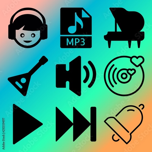 Vector icon set  about music player with 9 icons related to form, left, illustration, ringer and rock