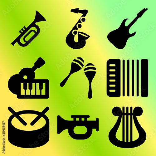 Vector icon set  about music instruments with 9 icons related to harp, maracas, melody, silhouette and symphony