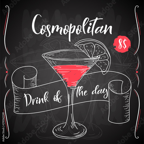 Vector dring poster. Cocktail Cosmopolitan for restaurant and cafe. Hand drawn illustration
