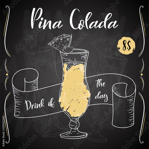 Alcoholc cocktail Pina Colada. Party summer poster. Vector background