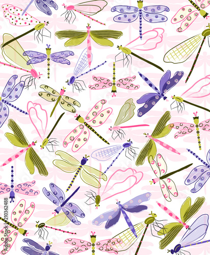Colorful dragonflies fly across this sweet print. Vector illustration for stationery, packaging, nursery decor, kids apparel, placement print and more. Cute nature print.