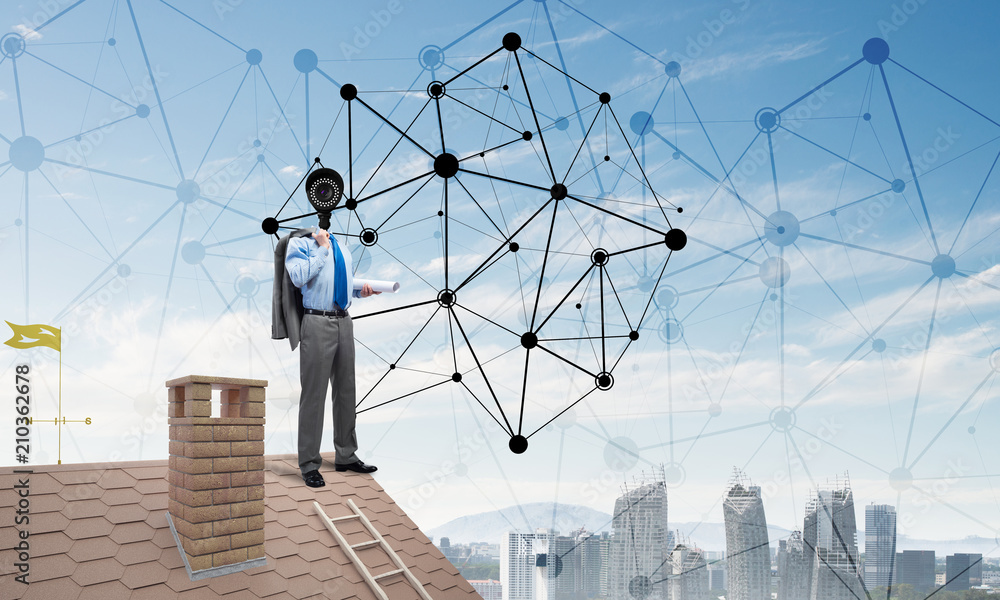 Concept of home security and privacy protection with camera headed man Concept of home security and privacy protection with camera headed man