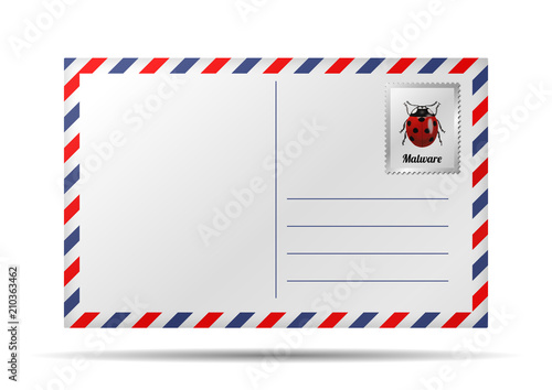 Malware in computere, envelope with postage stamp photo