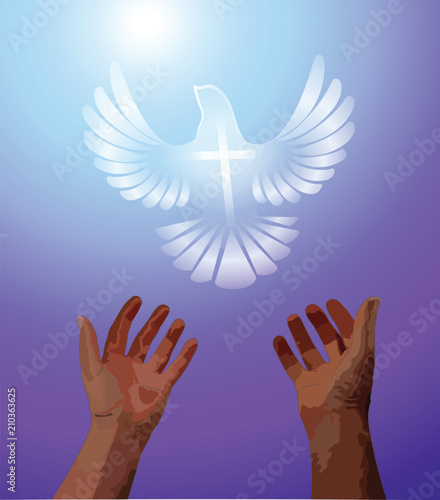 Hands with dark skin reaching up in prayer, a symbolized white dove with a cross is flying above in a purple and blue sky.