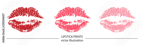 Set of red and pink lipstick prints on white background. Romantic print with lips. Realistic vector illustration. Kissing lips vector design for poster, decoration, logo, card, banner, postcard, print