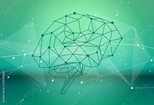 human brain of triangles, lines & dots located on a green technological background - conceptual illustration symbolizing artificial intelligence & modern biotechnology & HUD interface