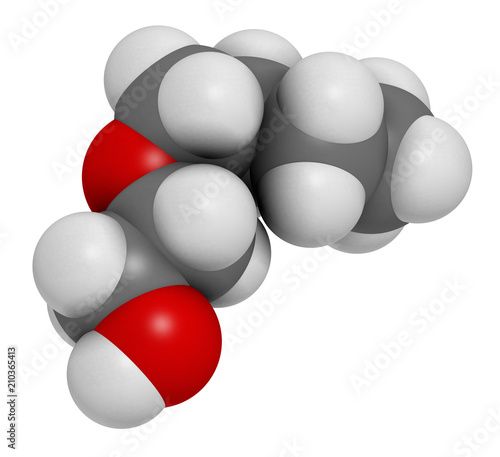 2-butoxyethanol molecule. Used as solvent and surfactant. 3D rendering. Atoms are represented as spheres with conventional color coding: hydrogen (white), carbon (grey), oxygen (red).