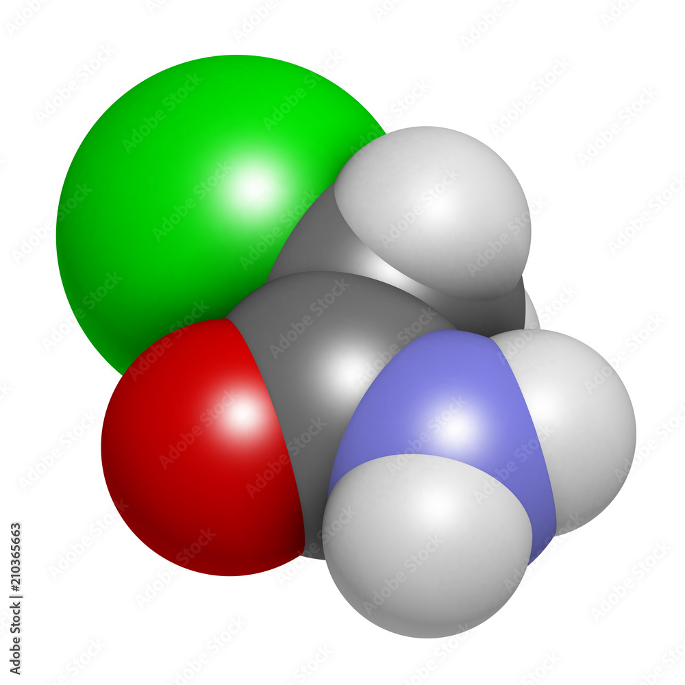 Chloroacetamide preservative molecule. 3D rendering. Atoms are represented as spheres with conventional color coding: hydrogen (white), carbon (grey), oxygen (red), nitrogen (blue), chlorine (green). Chloroacetamide preservative molecule. 3D rendering. Atoms are represented as spheres with conventional color coding: hydrogen (white), carbon (grey), oxygen (red), nitrogen (blue), chlorine (green).