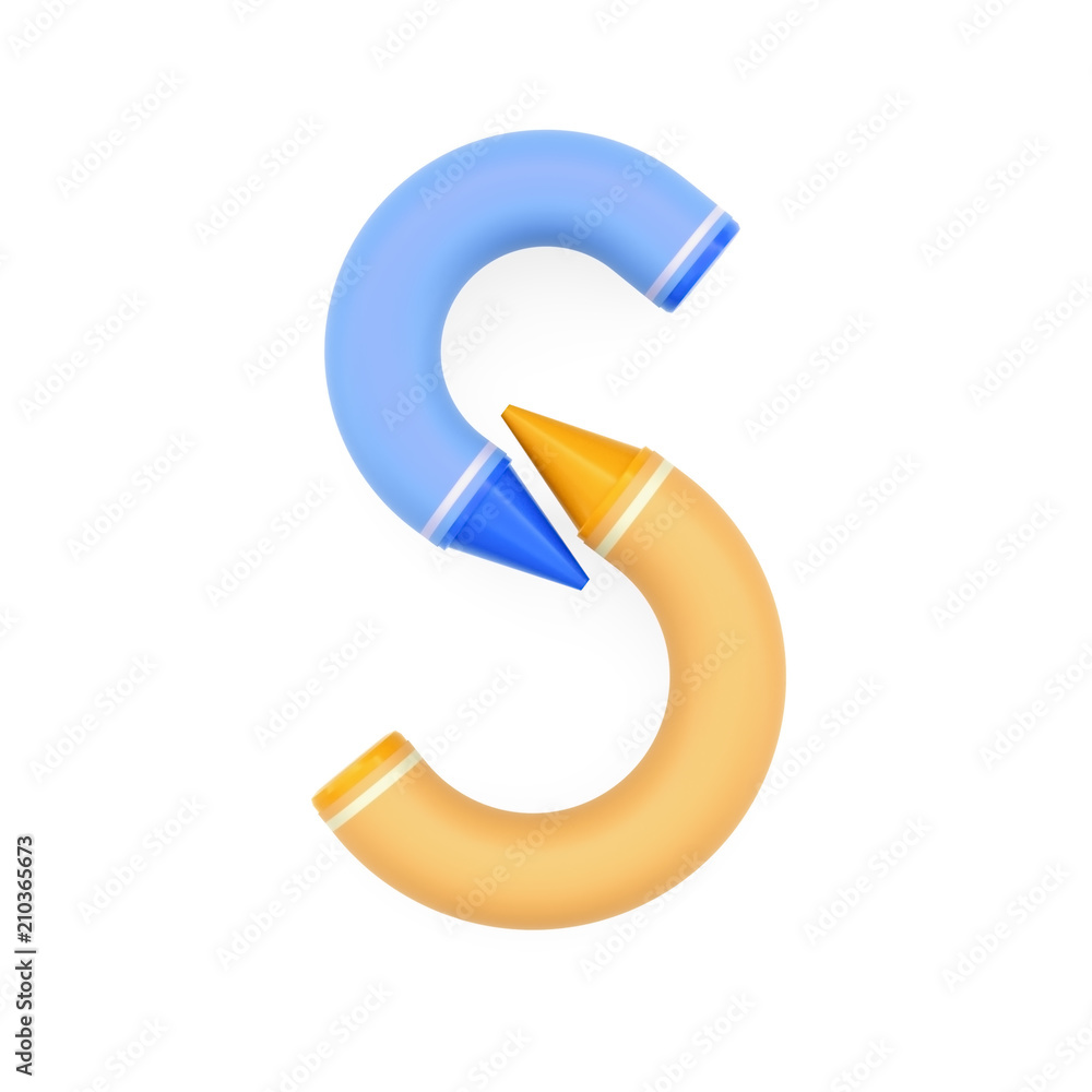 Colored wax crayons assembled like capital letter S on white background, 3D rendered font image for education, art and childish typography Colored wax crayons assembled like capital letter S on white background, 3D rendered font image for education, art and childish typography